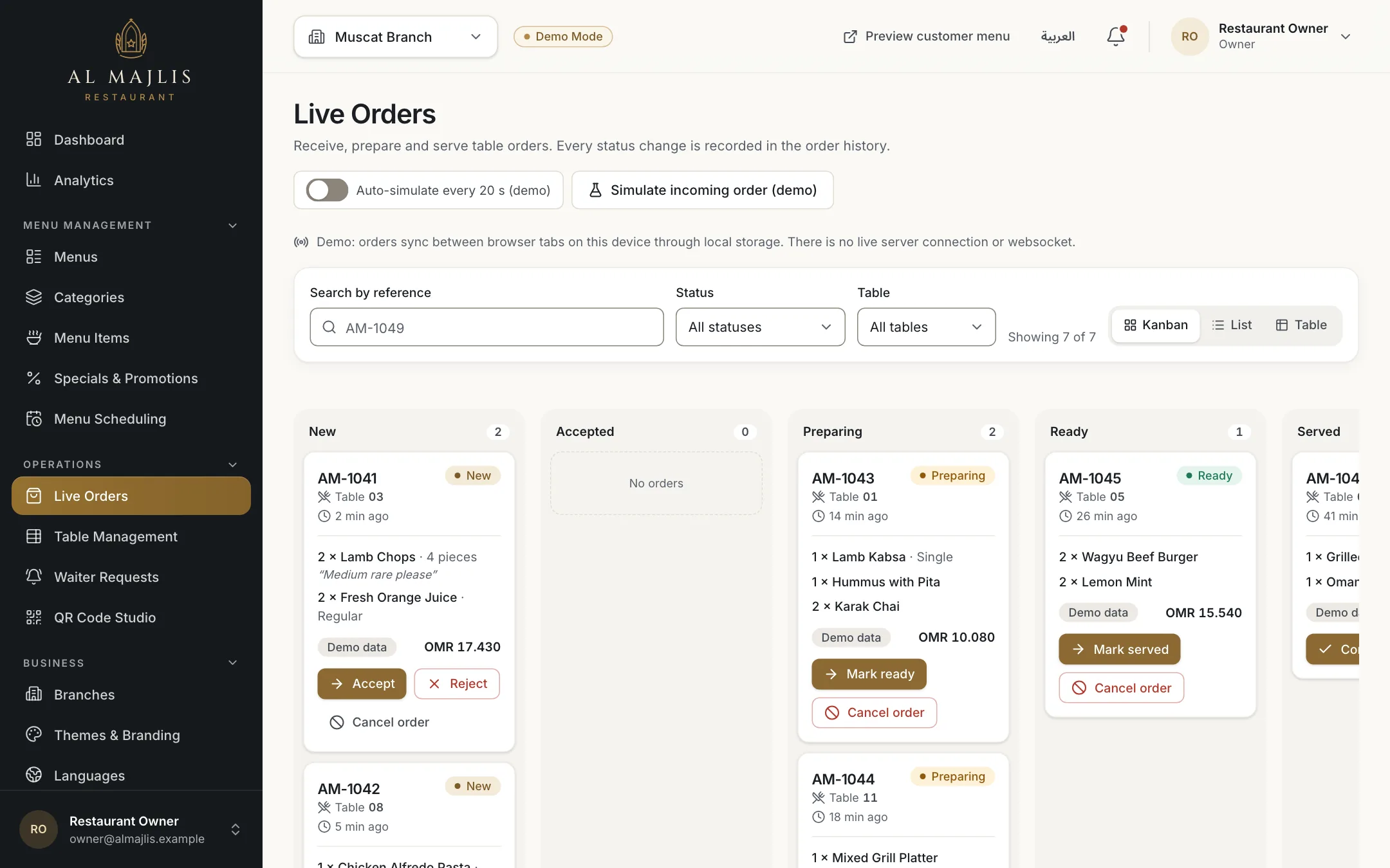 The RothDine live orders board