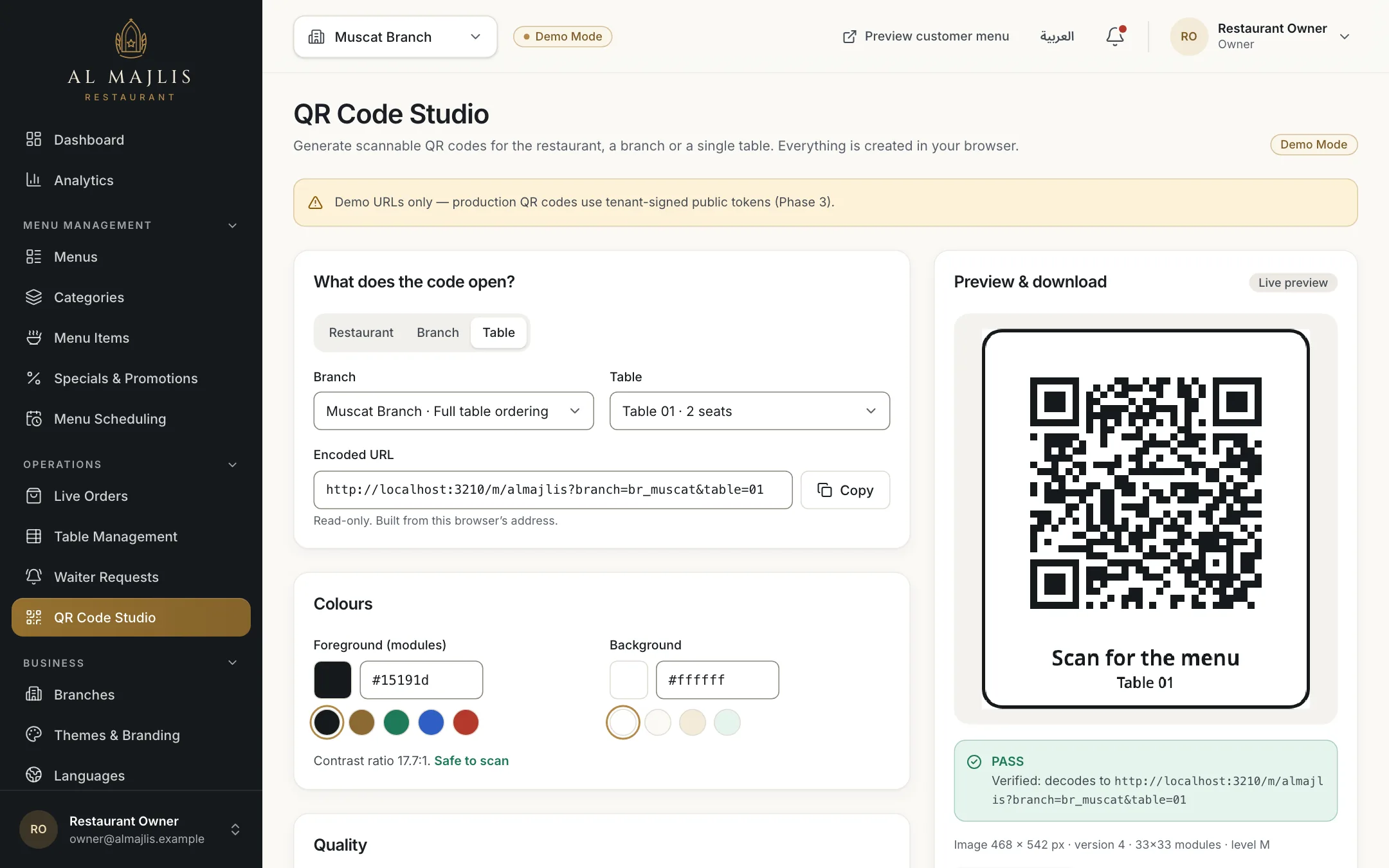 The RothDine QR studio with a generated table QR code