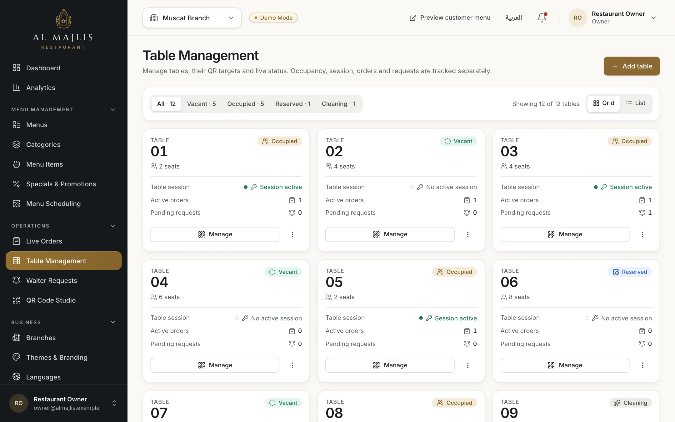 The RothDine table management screen showing table cards